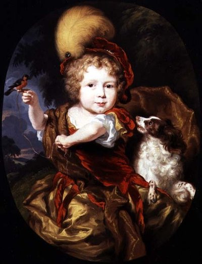 Porträt eines Jungen, der einen Vogel auf seinem Finger hält, mit einem Hund an seiner Seite von Nicolaes Maes
